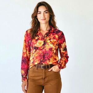 Susan Graver Fall Floral‎ Blouse Sz 10  Orange Burgundy Long Sleeve Button Down